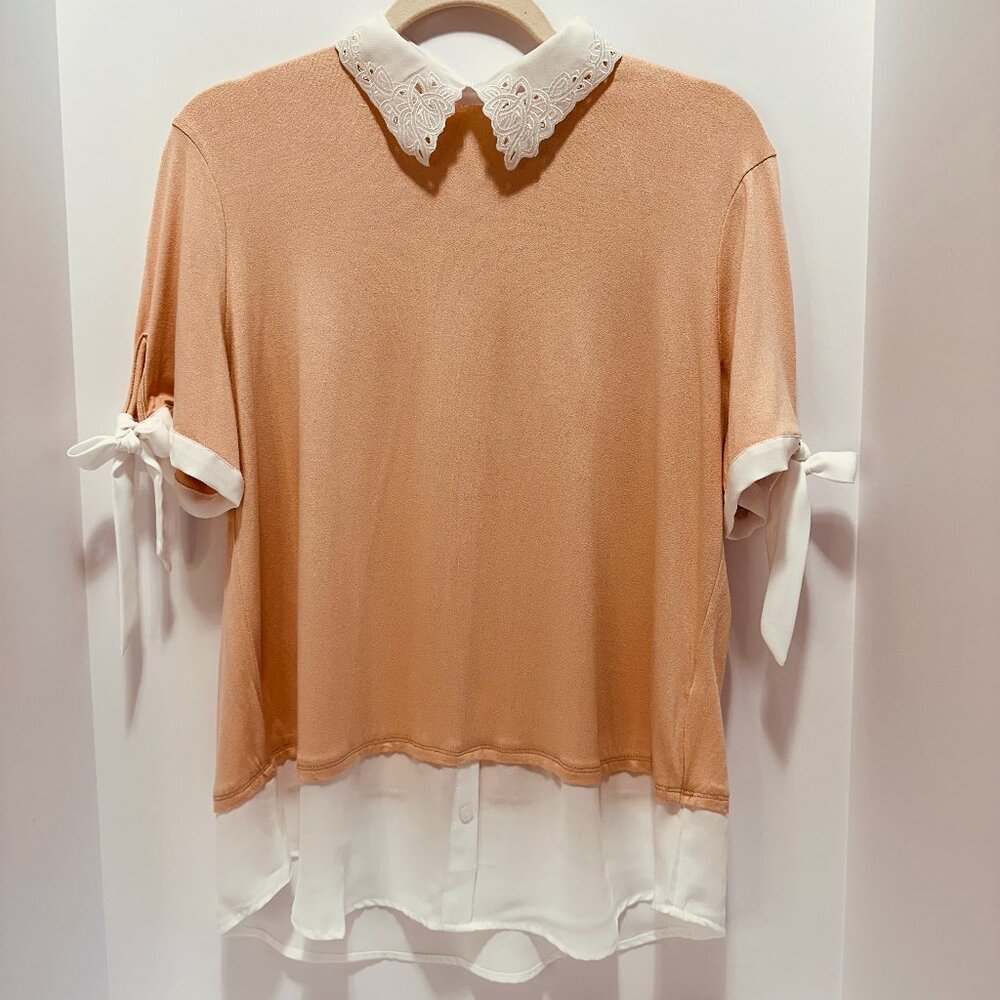 MISIA Women Blouse with Eyelet-Design Collar; Peach & White; Size: M (Medium)